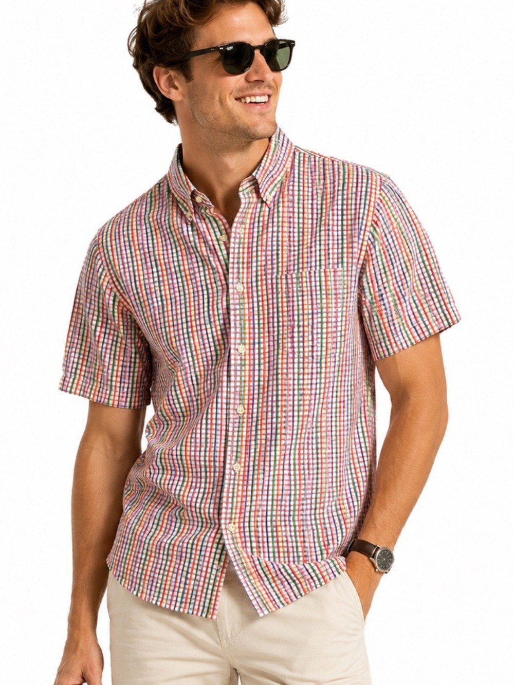 Peter Millar Colorful Stripe Cotton Button Front Sport Shirt Medium Short Sleeve